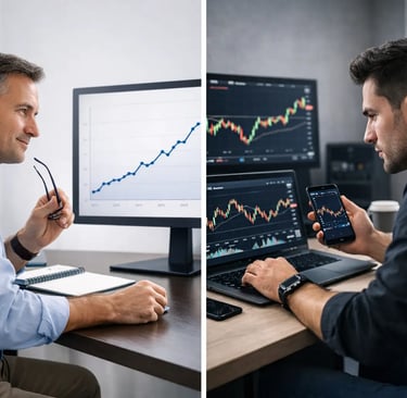 Investor comparing long-term growth and short-term market trends