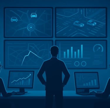 A team monitoring screens with traffic data, IoT sensors, and AI dashboards.