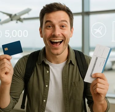 Traveler holding credit card and boarding pass at airport, using reward points to book flights and hotels.