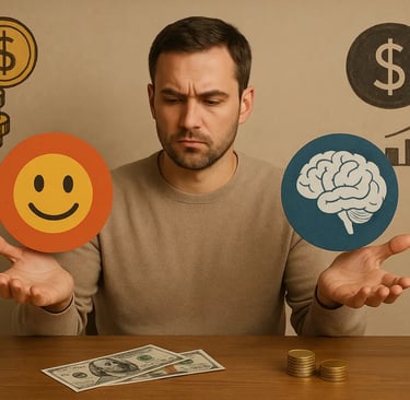 Illustration of a person choosing between emotions and logic in financial decisions, with money symbols around