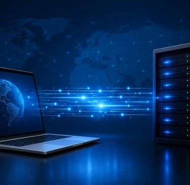 laptop connected to server with glowing data flow representing internet communication