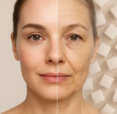 comparison showing glowing, firm skin on the left and dull, wrinkled skin on the right illustrating sugar-induced skin aging.