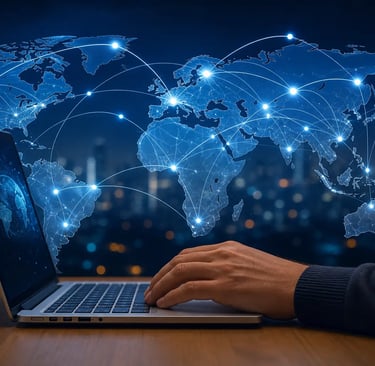 person using laptop with global digital network map showing internet connectivity