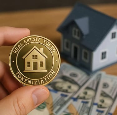 Real estate tokenization concept with a digital token and a model house representing fractional property ownership