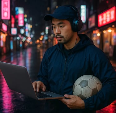 Sports enthusiast coaching a youth team while managing an online sports blog on a laptop
