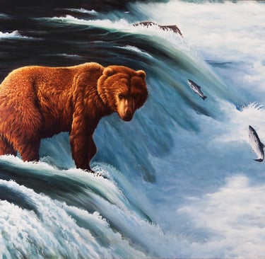Fine art painting of a brown bear on the river falls catching  salmon in Alaska, by Bill Langis.
