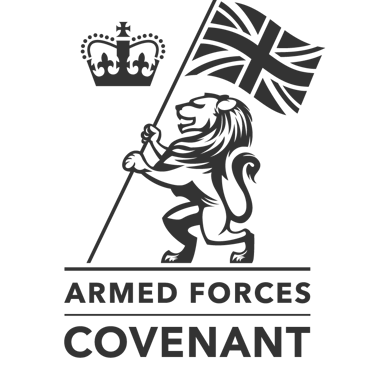 Official Armed Forces Covenant logo featuring a British lion holding the Union Jack flag and a crown.
