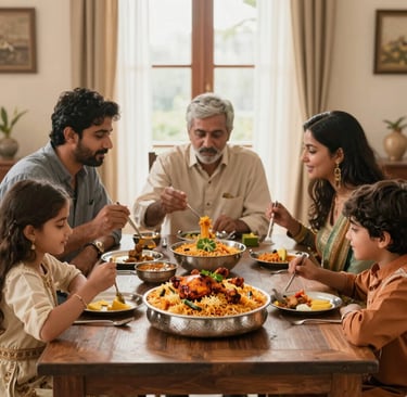 A happy family enjoying the biryani together around a dining table, showcasing warm moments and delicious food.
