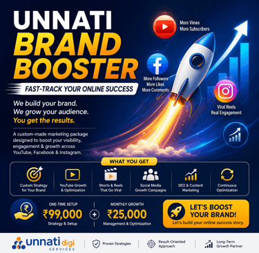 Unnati Digi digital marketing services flyer featuring social media growth, SEO strategies, and a rocket launch graphic.