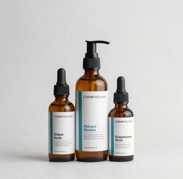 A neat display of various skincare serums and lotions arranged on minimalist shelves