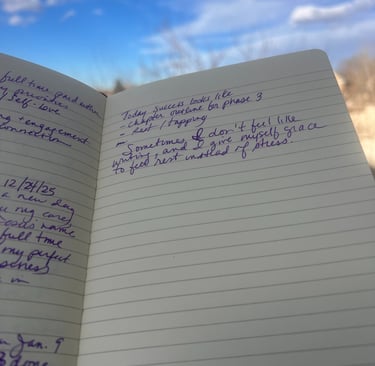Handwritten journal page about rest and writing with blue sky and white clouds in the background