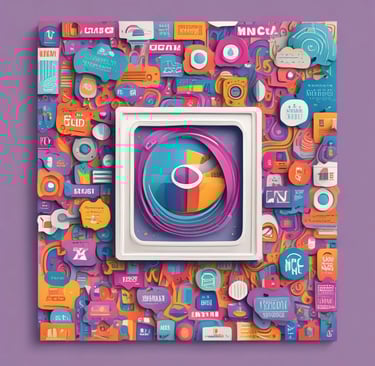 A vibrant, colorful logo of Almanaque Virtual glowing on a sleek digital background.