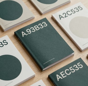 An overhead, curated shot of high-quality editorial publications and catalogues spread on a light wooden table. The covers feature minimalist typography and a palette of #293B37 and #AEC5BE. The lighting is crisp, highlighting the tactile texture of the sustainable paper.
