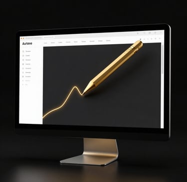 A modern computer monitor displaying a gold pen drawing a glowing financial growth chart on a dark interface.