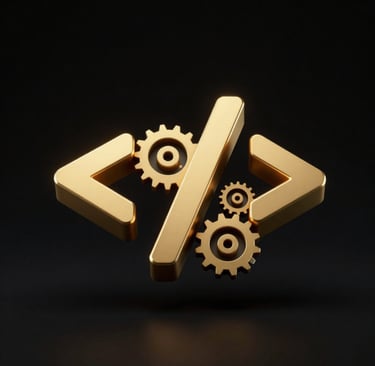Golden 3D code brackets and gears representing software development and automation on a black background.