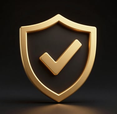 Golden 3D shield with a checkmark symbol representing secure protection and verified safety.