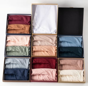 Display of folded mastour clothing items showcasing gentle fabrics and subtle colors on a wooden table.