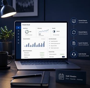 Laptop displaying a business management dashboard with performance metrics and website maintenance statistics.