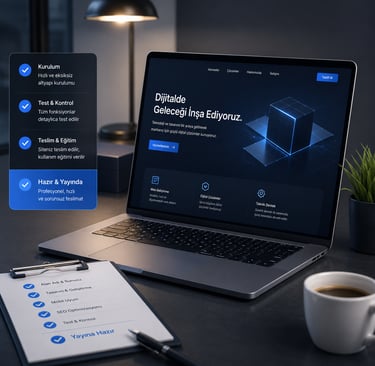 Laptop displaying a digital agency website layout next to a business project checklist and coffee.