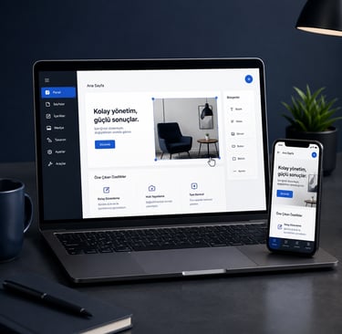 A responsive website builder interface displayed on a laptop and smartphone screen.