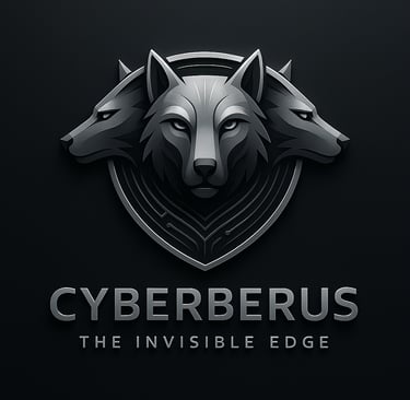 Metallic three-headed wolf Cyberberus logo emblem for cybersecurity branding on dark background.
