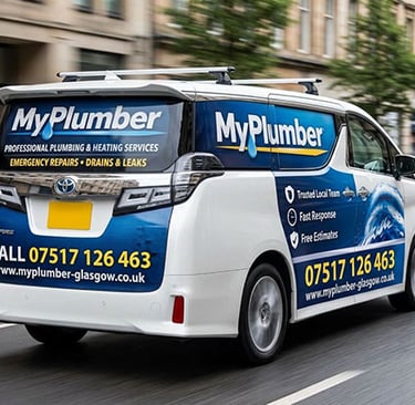 My Plumber Glasgow branded van driving through city streets for emergency plumbing service
