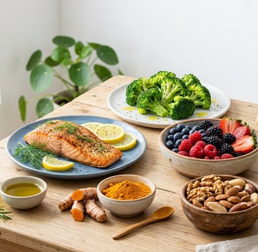 Alimentos anti-inflamatórios como salmão, frutas vermelhas, cúrcuma e azeite de oliva