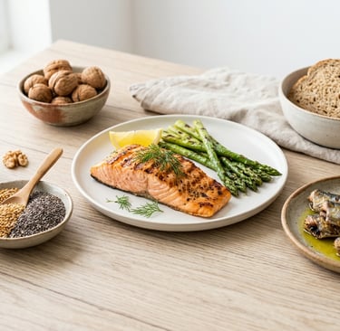 Alimentos ricos em ômega-3 como salmão, sardinha, nozes e sementes
