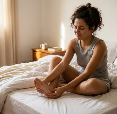 Mulher massageando o calcanhar com dor de fascite plantar ao acordar