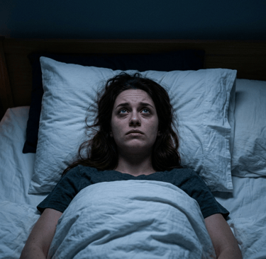 Mulher com insônia deitada na cama com olhos abertos olhando para o teto