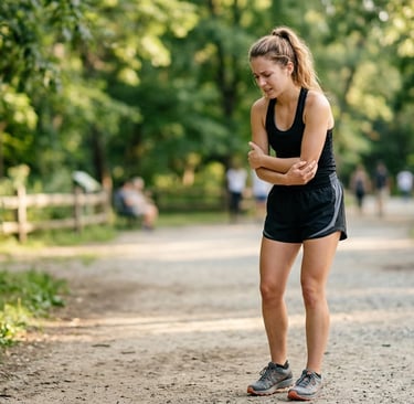 Mulher segurando o cotovelo com dor de tendinite durante exercício