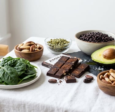 Alimentos ricos em magnésio: espinafre, castanhas, sementes e chocolate amargo