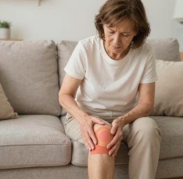Mulher aplicando compressa no joelho para aliviar a dor em casa