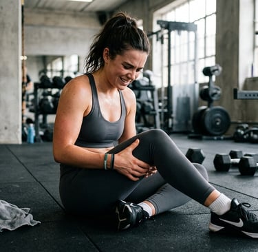 Mulher com dor muscular após treino segurando a coxa