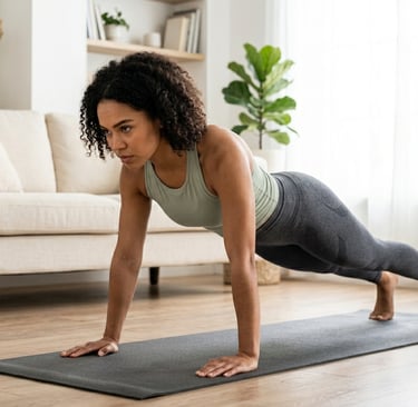Mulher fazendo flexão de braço durante treino em casa sem equipamentos