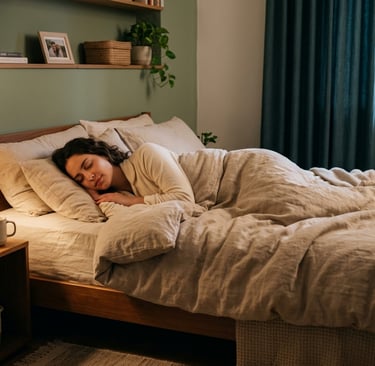 Pessoa dormindo em ambiente calmo e confortável, representando sono de qualidade e descanso reparado