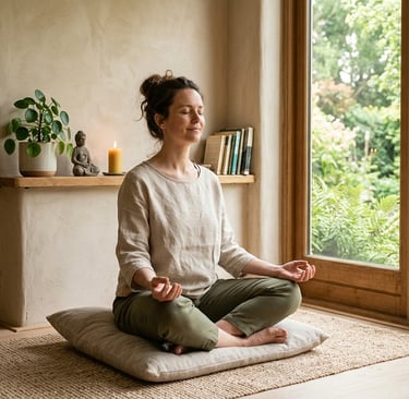 Pessoa praticando respiração consciente em ambiente tranquilo para aliviar sintomas de ansiedade e p