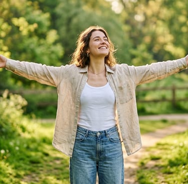 Mulher aproveitando o sol da manhã para absorver vitamina D ao ar livre