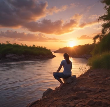 A woman sitting at the edge of a wide stream as the sun sets meditating