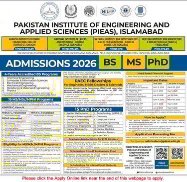 PIEAS Fellowships 2026 February MS / Postgraduate Programs for Engineers, Scientists & Doctors in PAEC KINPOE