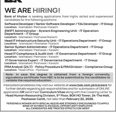 Bank of Khyber Jobs February 2026 Apply Online Software Developers & Others BOK Latest