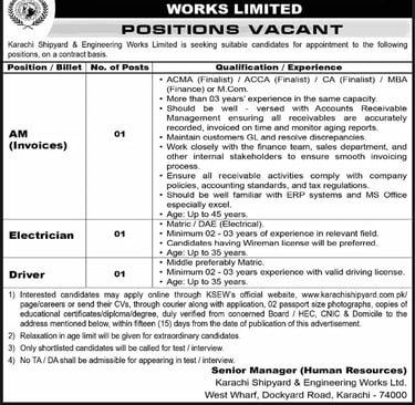 Karachi Shipyard and Engineering Works Jobs February 2026 Apply Online Assistant Manager, Electrician & Driver KSEW Latest