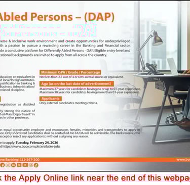 Bank of Punjab Jobs February 2026 Apply Online for Differently Abled Persons DAP BOP Latest