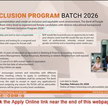 Bank of Punjab Women Inclusion Program 2026 February Apply Online BOP Jobs Latest