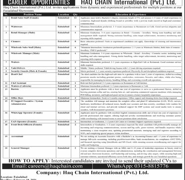 Haq Chain International Pvt Ltd Faisalabad Jobs 2026 February Female Sales Staff, Cleaners, Waitresses & Others Latest