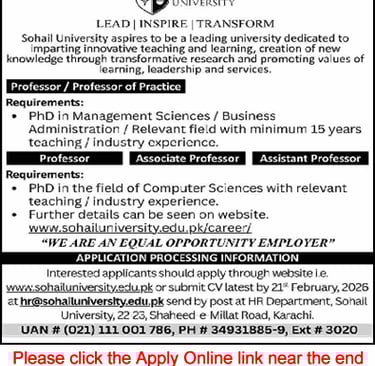 Sohail University Karachi Jobs 2026 February Apply Online Teaching Faculty Latest