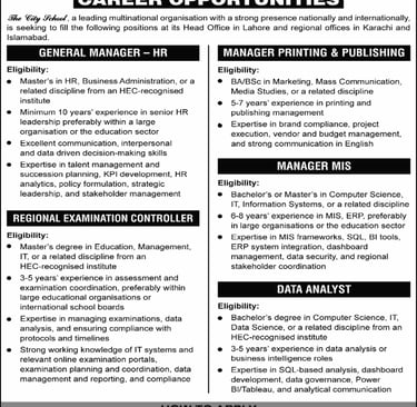 The City Schools Lahore / Karachi / Islamabad Jobs 2026 February Data Analyst, MIS Manager & Others Latest