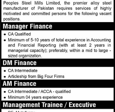 Peoples Steel Mills Limited Karachi Jobs February 2026 Management Trainee / Executive & Others Latest