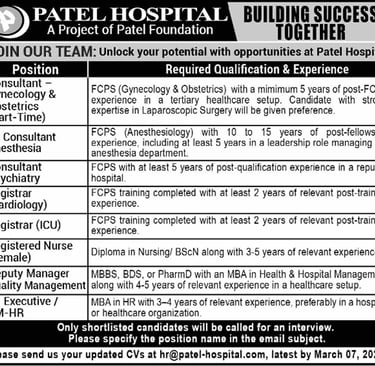 Patel Hospital Karachi Jobs March 2026 Nurses, Medical Consultants & Others Latest