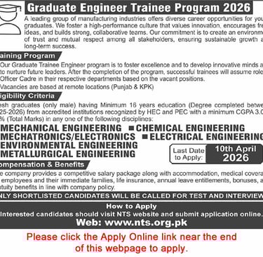 Graduate Trainee Engineers Program 2026 March NTS apply online GTEP manufacturing industry latest advertisement